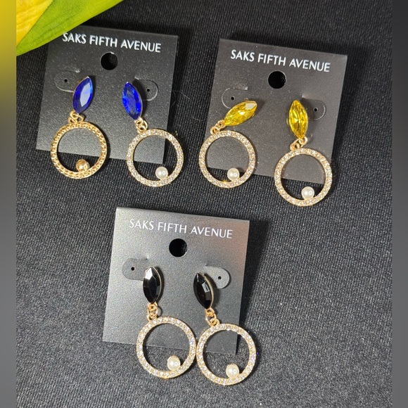 Saks Fifth Ave Yellow Marquis Crystal Post Drop Pave Crystal Circle w/Faux Pearl - Picture 6 of 8